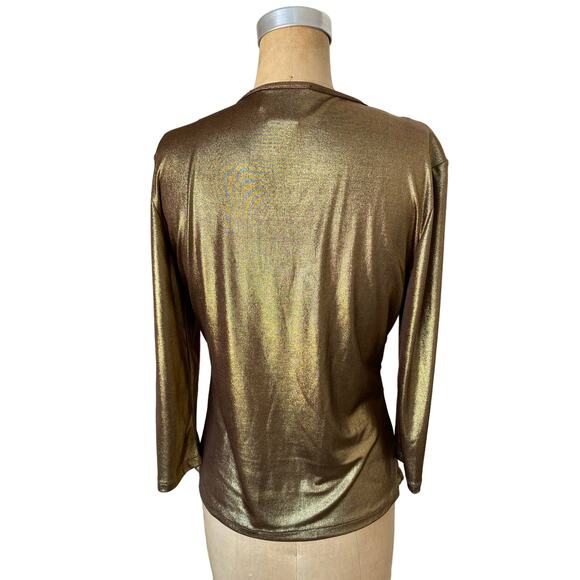 Libra Metallic Gold Vintage V Neck Long Sleeve Top with Ring size S/P - Picture 4 of 6